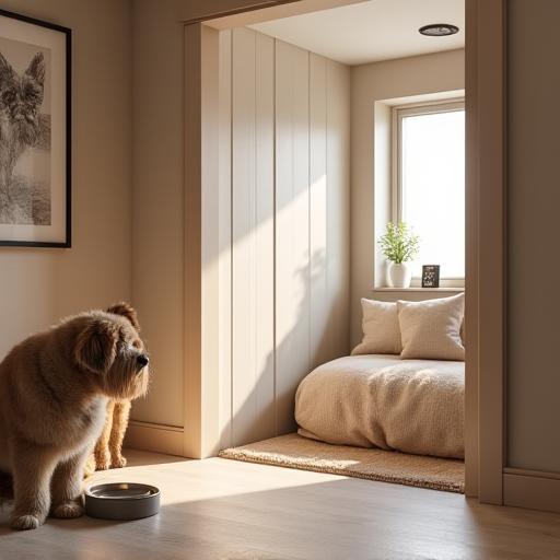 A clean and cozy private pet hotel suite with a soft bed.