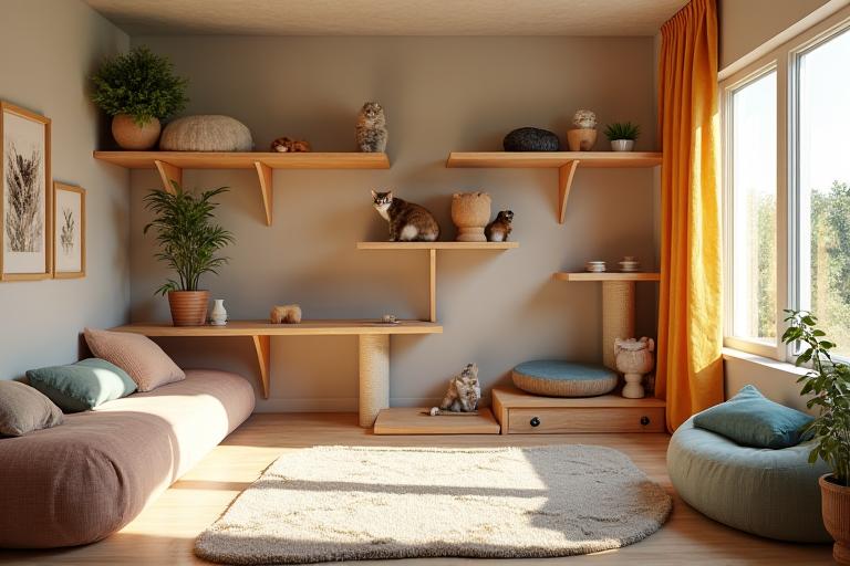 A multi-level cat room with climbing trees and scratching posts, separate from the dogs.